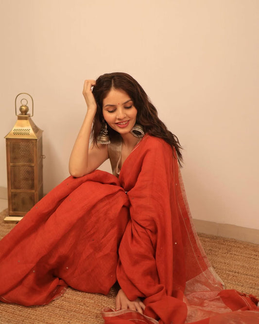 Rust Orange Raina Linen Saree - Eternity by Sakshi
