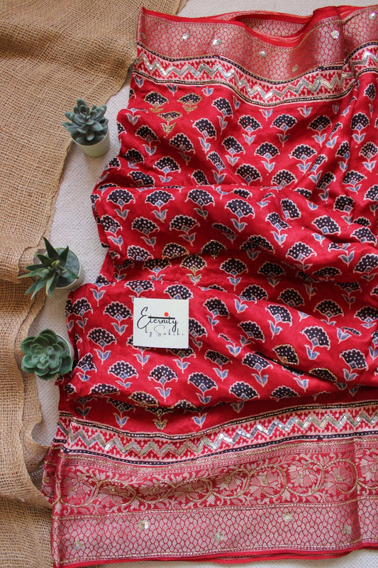 Brick Red Maharani Ajrakh Dola Silk Handwork Saree - Eternity by Sakshi