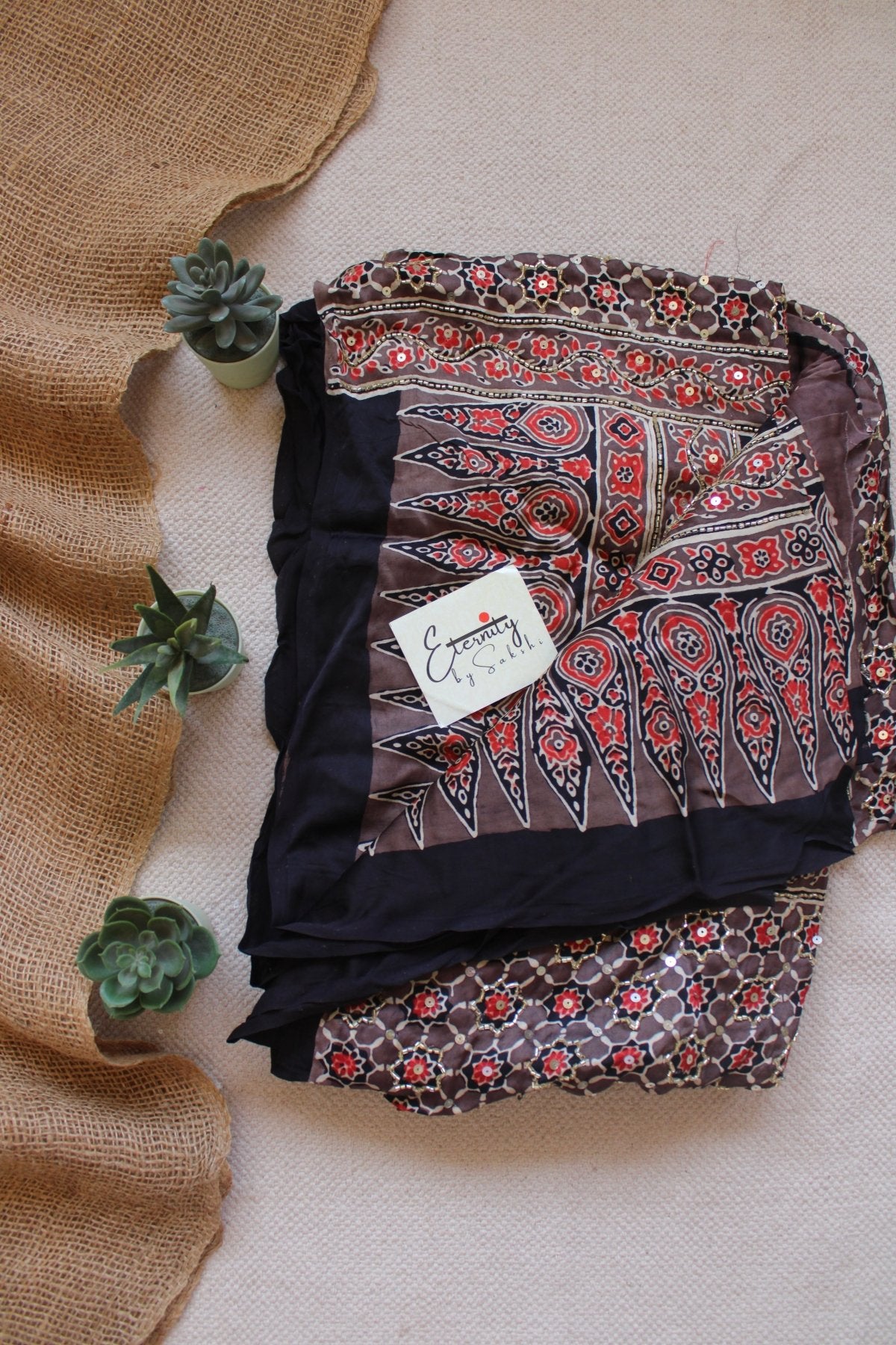 Black Ajrakh Silk Handwork Saree - Eternity by Sakshi