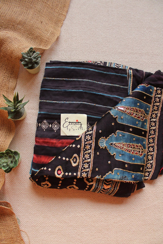 Ruhva Indigo Ajrakh Modal Silk Saree with Artisan Handwork - Eternity by Sakshi