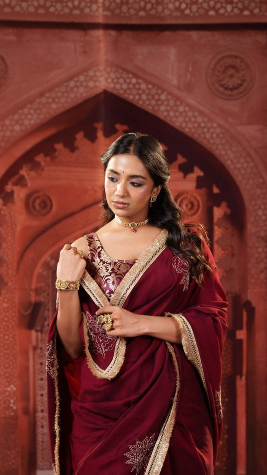 Maroon Elegance Handwork Saree + Maroon Brocade Elastic Noorie Blouse Combo - Eternity by Sakshi