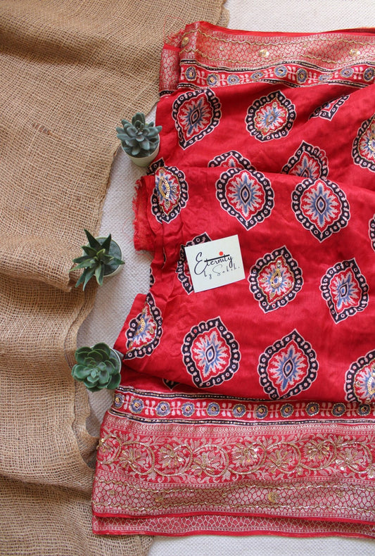 Ruby Maharani Ajrakh Dola Silk Handwork Saree - Eternity by Sakshi