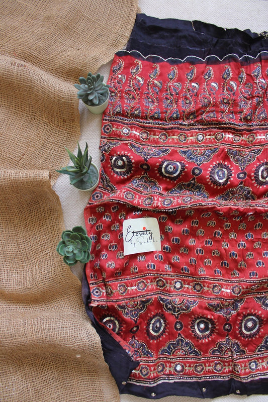 Crimson Noor Ajrakh Modal Silk Saree with Artisan Handwork - Eternity by Sakshi