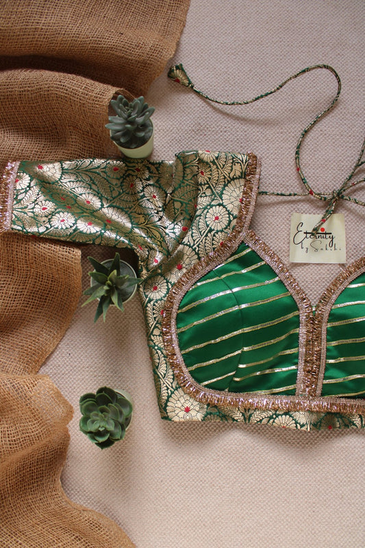 Green Navratri Banarasi Brocade Blouse | Padded, Back Hook - Eternity by Sakshi