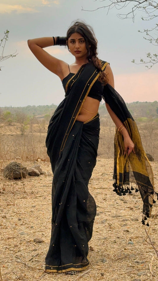 Black Raina Linen Saree - Eternity by Sakshi