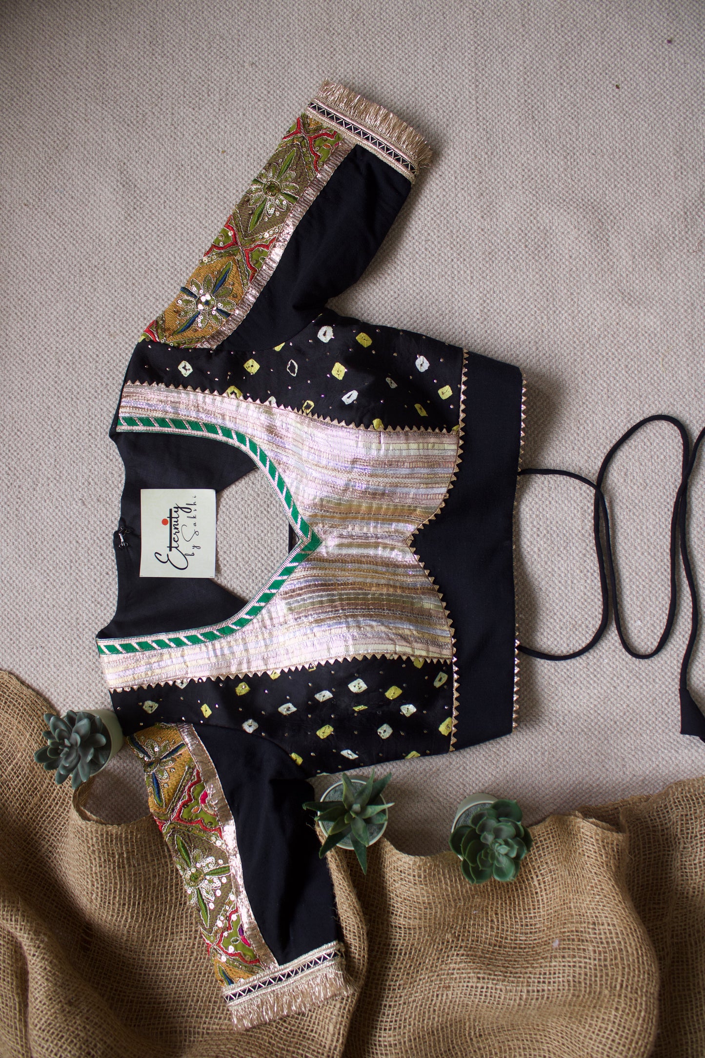 Gehraai Bandhani Multicolor Black Patch Blouse
