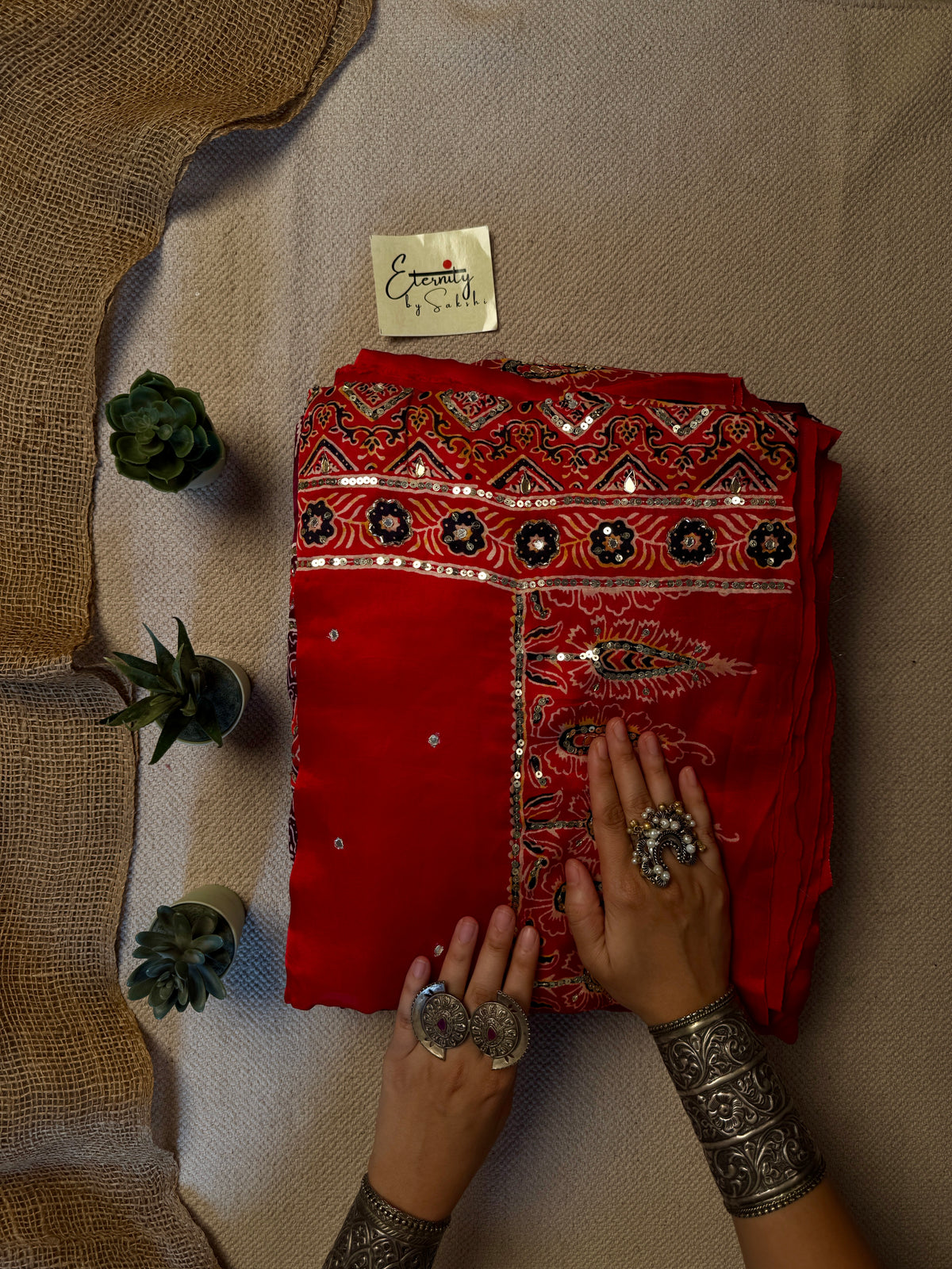 Red Ajrakh Modal Silk Work Saree