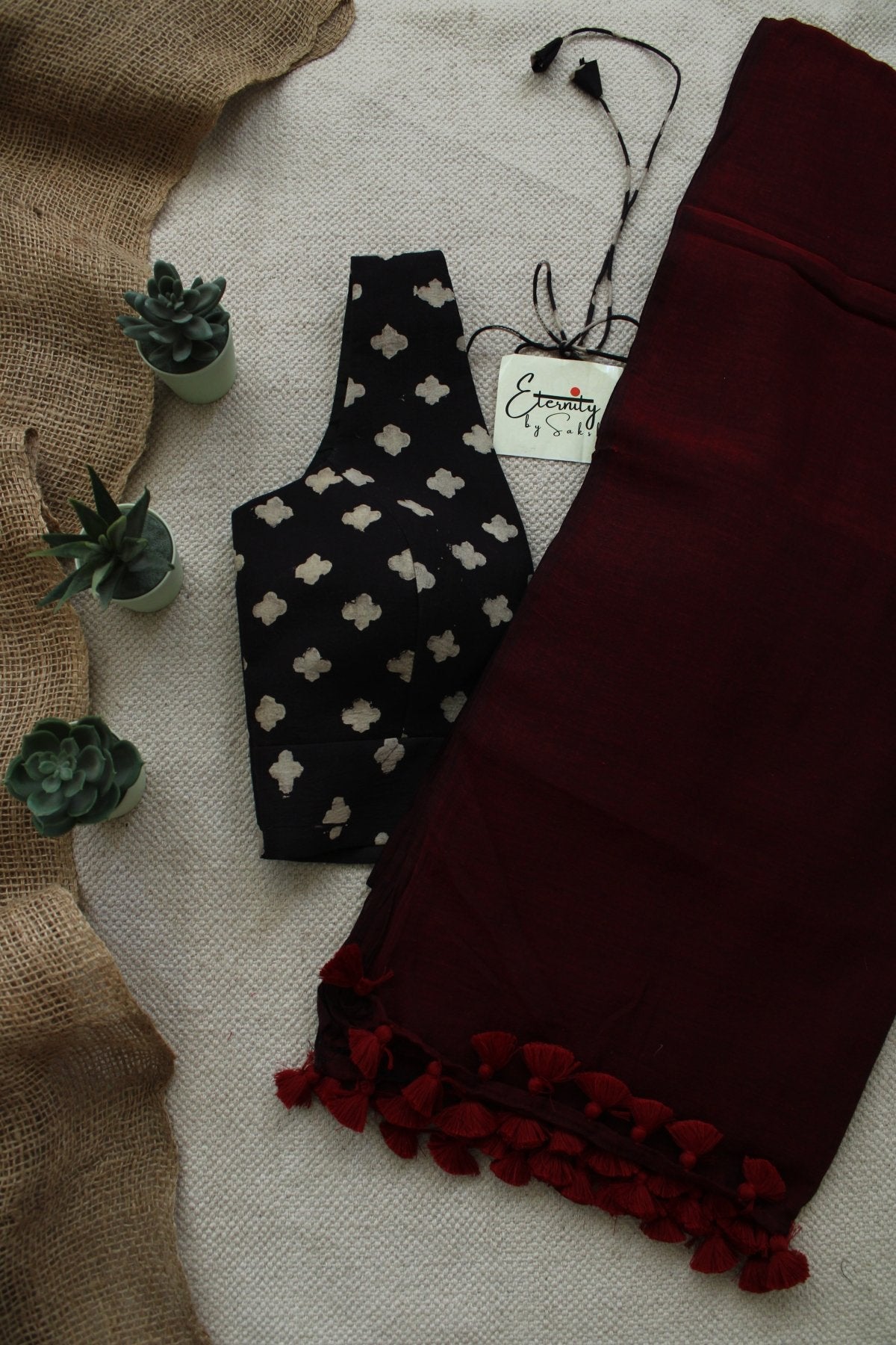Maroon Beeezy Saree +Black Ajrakh Mughal Blouse Combo - Eternity by Sakshi