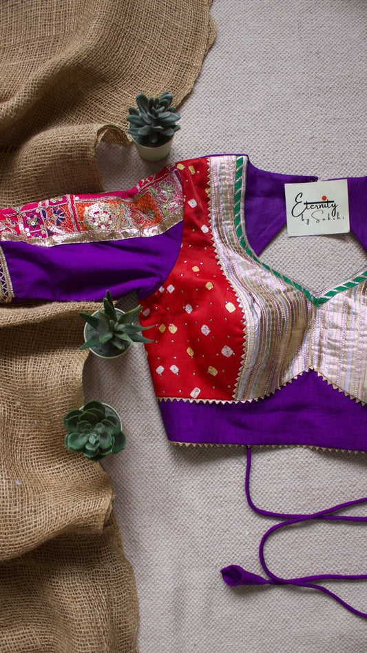 Gehraai Bandhani Multicolor Red Purple Patch Blouse - Eternity by Sakshi