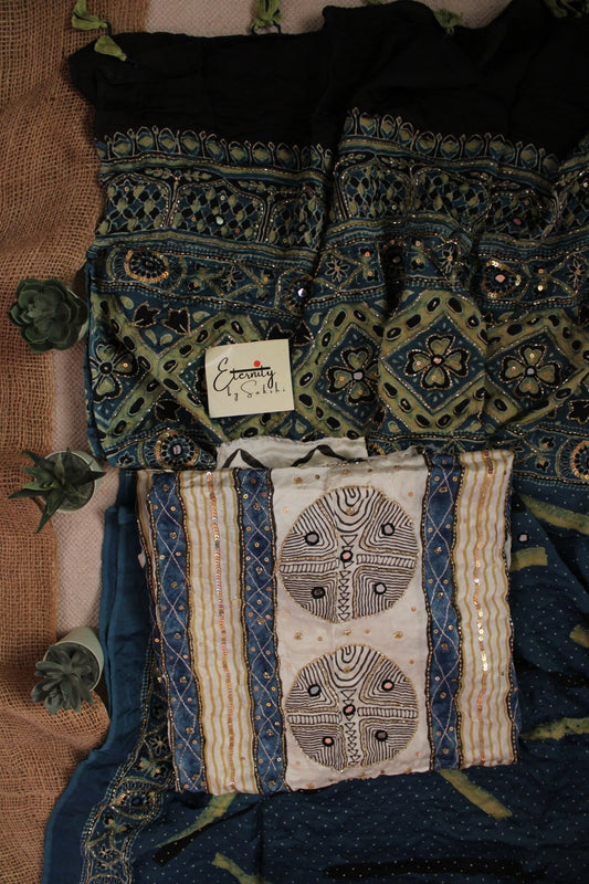 Offwhite Indigo Ajrakh Handwork Unstiched Kurti With Duppata - Eternity by Sakshi