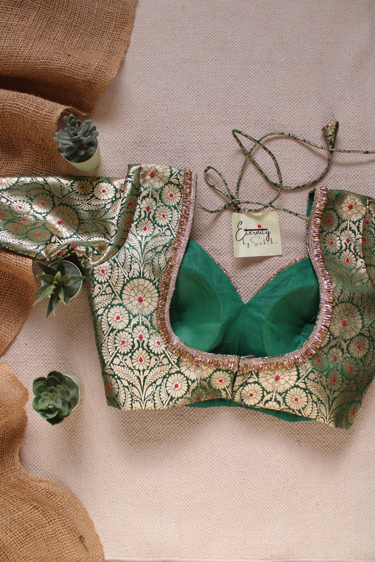 Green Navratri Banarasi Brocade Blouse | Padded, Back Hook - Eternity by Sakshi