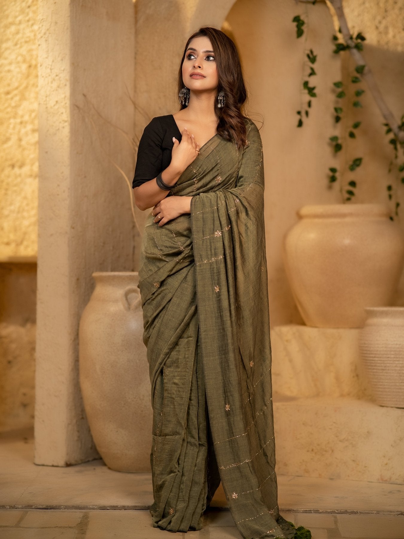 Olive Green Noor Saree - Eternity by Sakshi