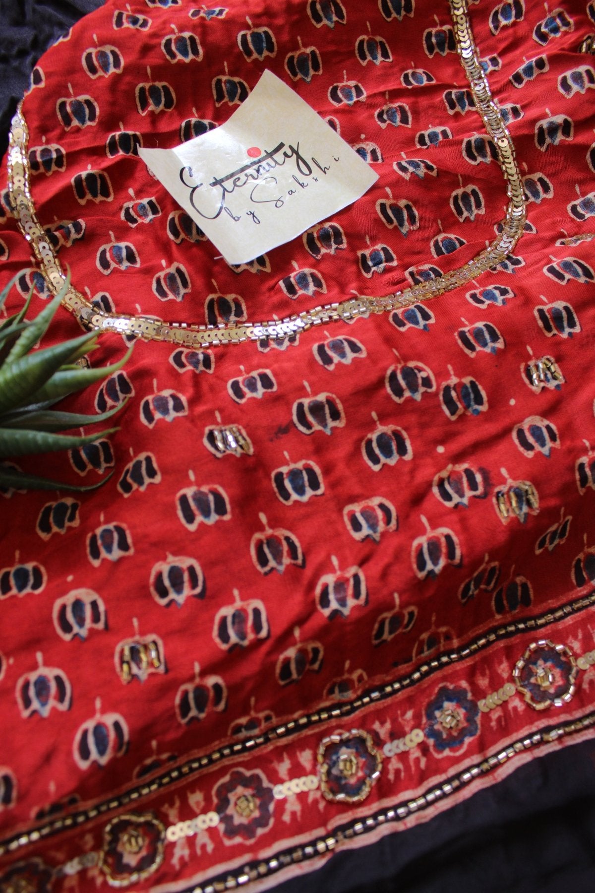Crimson Noor Ajrakh Modal Silk Saree with Artisan Handwork - Eternity by Sakshi