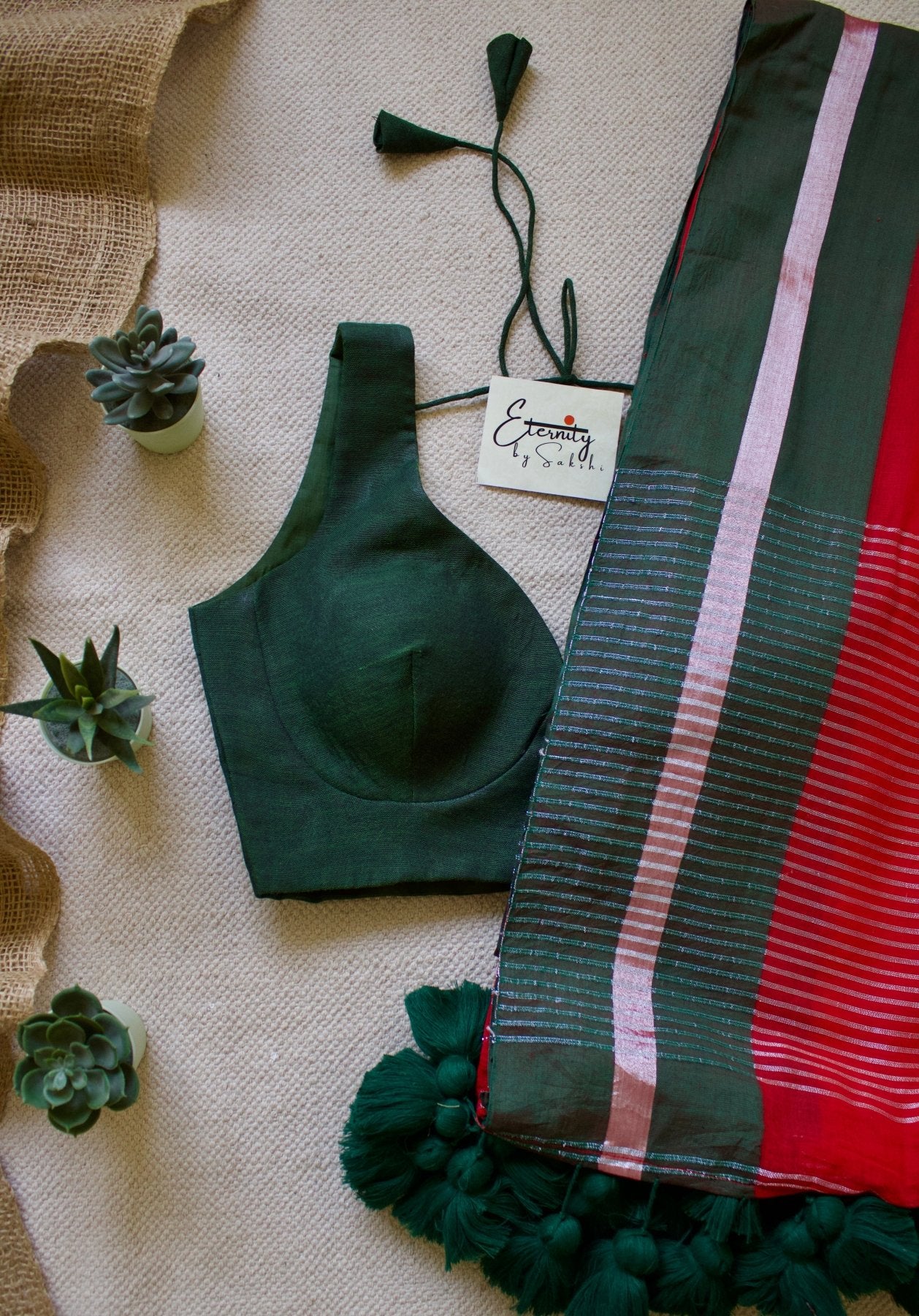 Red Rang Saree + Green Madhubala Blouse Combo - Eternity by Sakshi