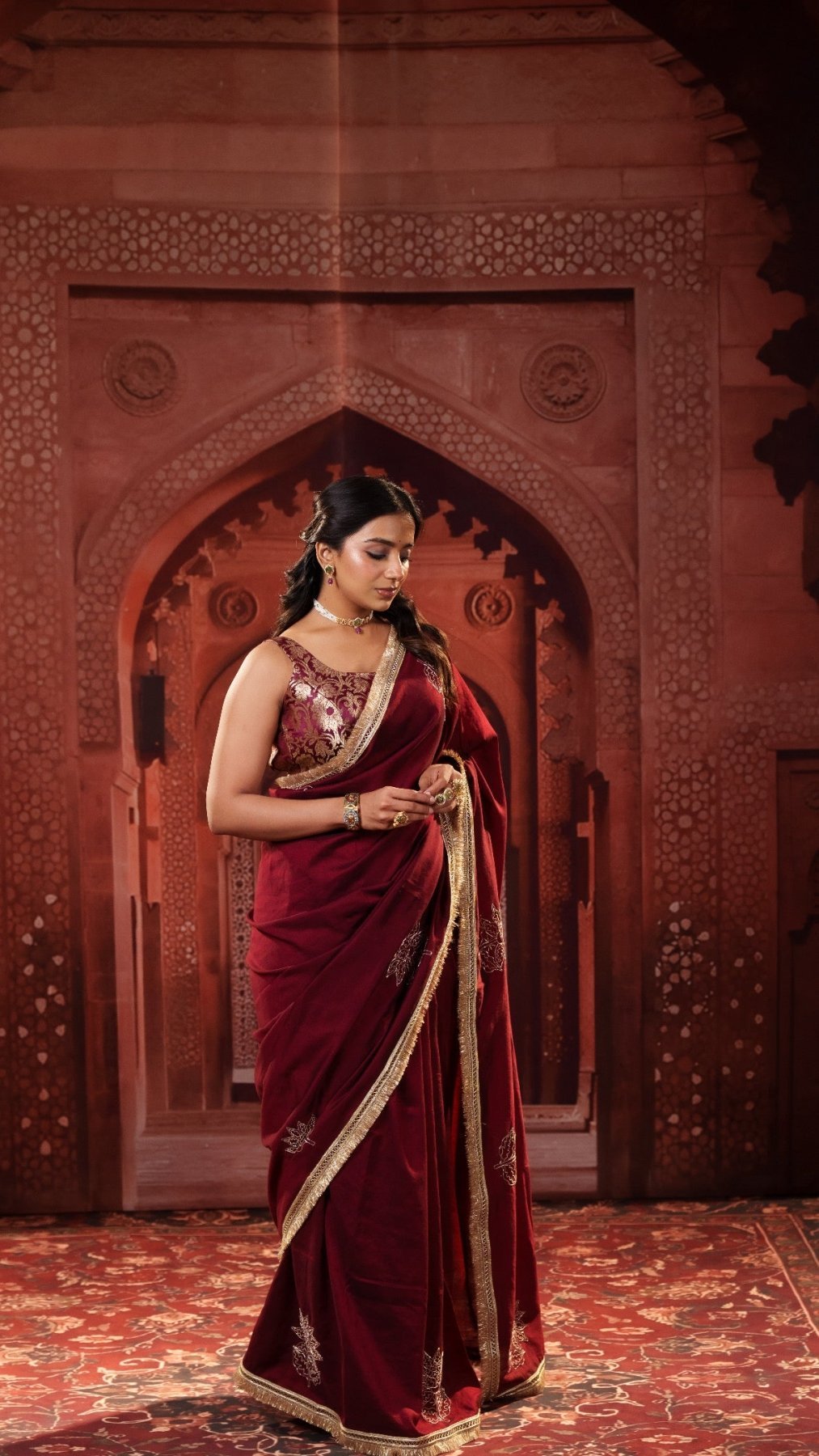 Maroon Elegance Handwork Saree + Maroon Brocade Elastic Noorie Blouse Combo - Eternity by Sakshi