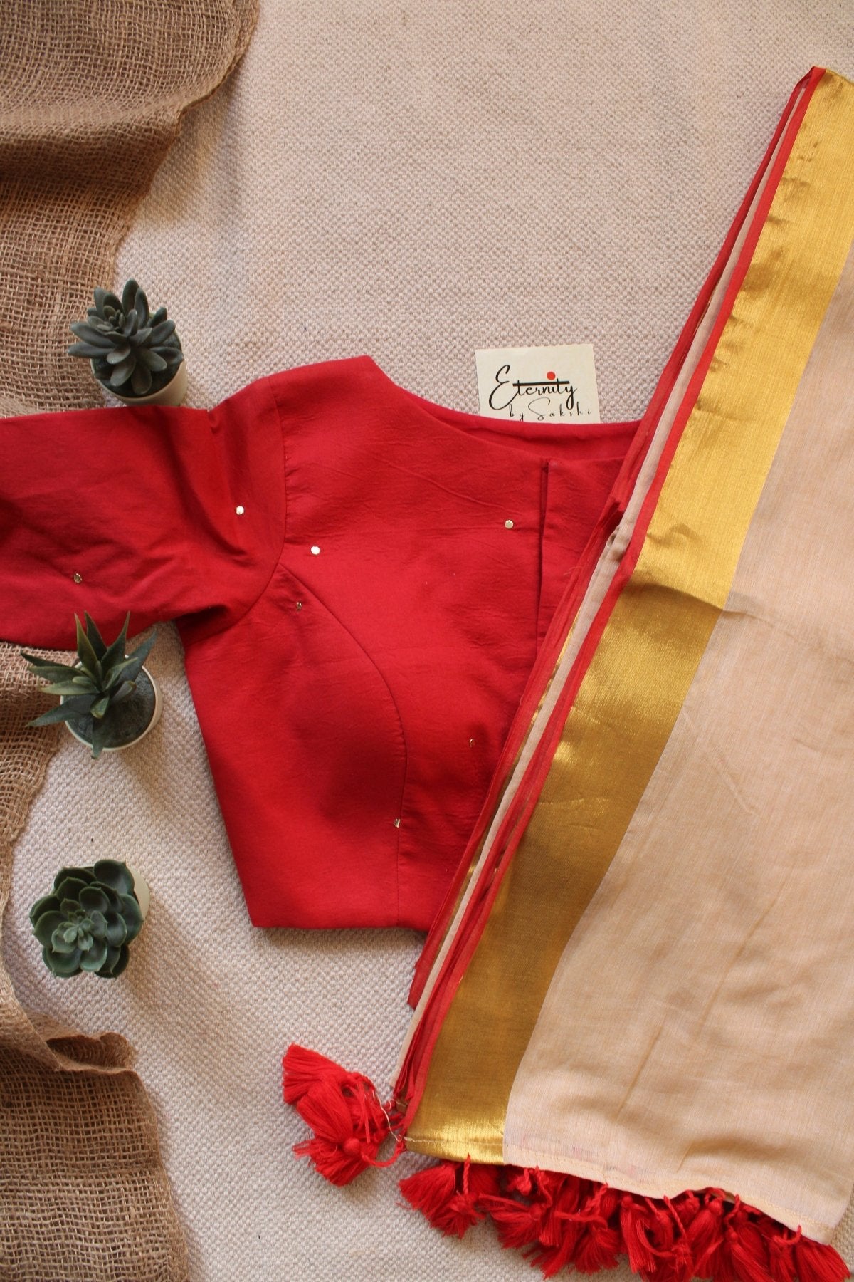 Red Tulsi Saree + Red Badla Blouse Combo - Eternity by Sakshi