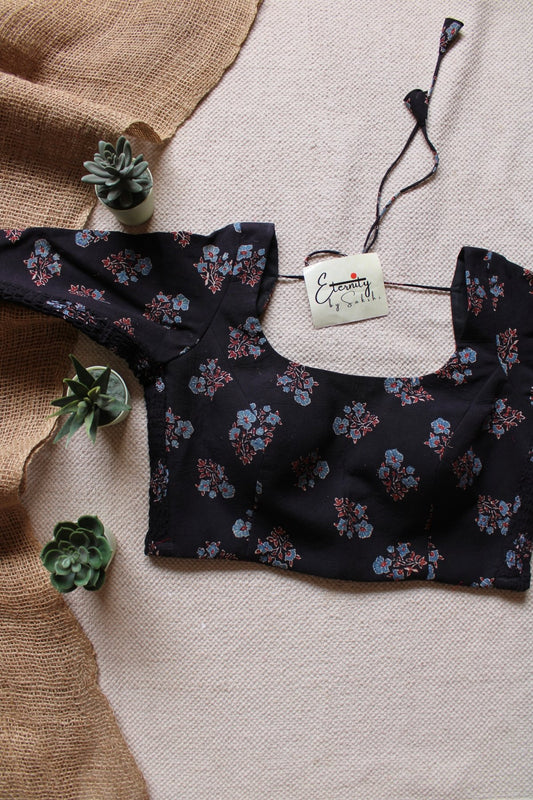 Blue Breezy Saree + Charcoal Ajrakh Stretchable Blouse Combo - Eternity by Sakshi