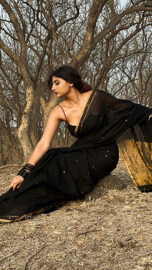 Black Raina Linen Saree - Eternity by Sakshi