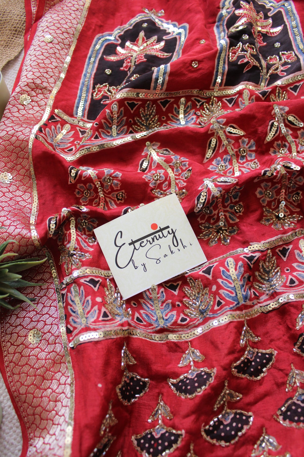 Laal Maharani Ajrakh Dola Silk Handwork Saree