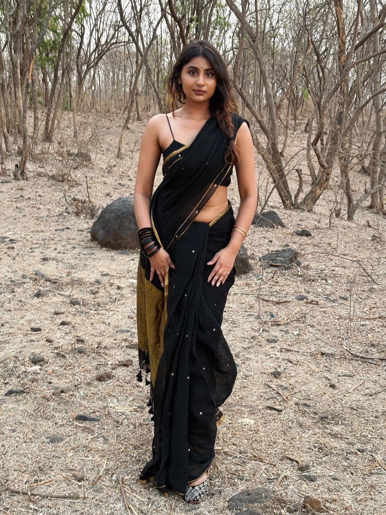 Black Raina Linen Saree - Eternity by Sakshi