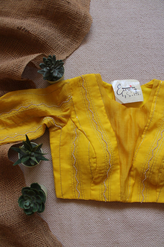 Yellow Spark Chanderi With Pearl Work Blouse - Eternity by Sakshi