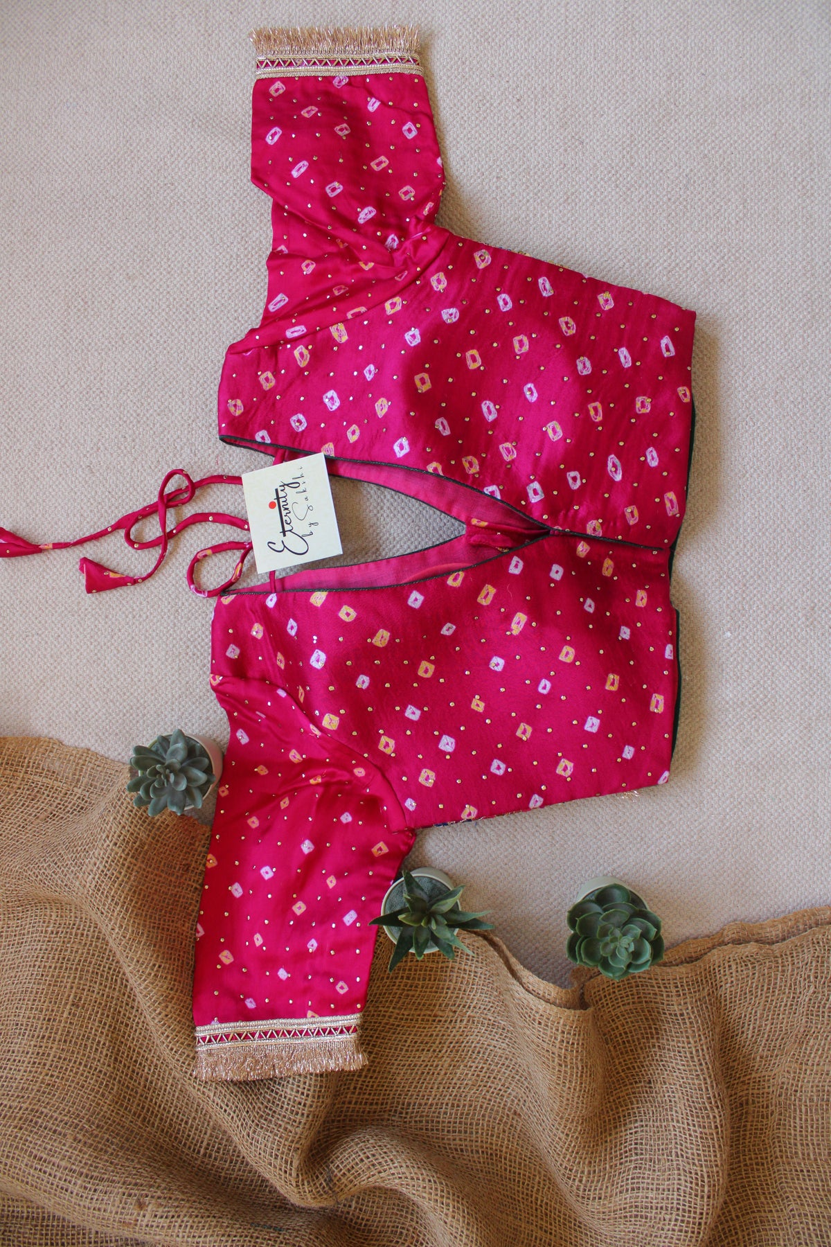Pink Bandhani Blue Patch Blouse