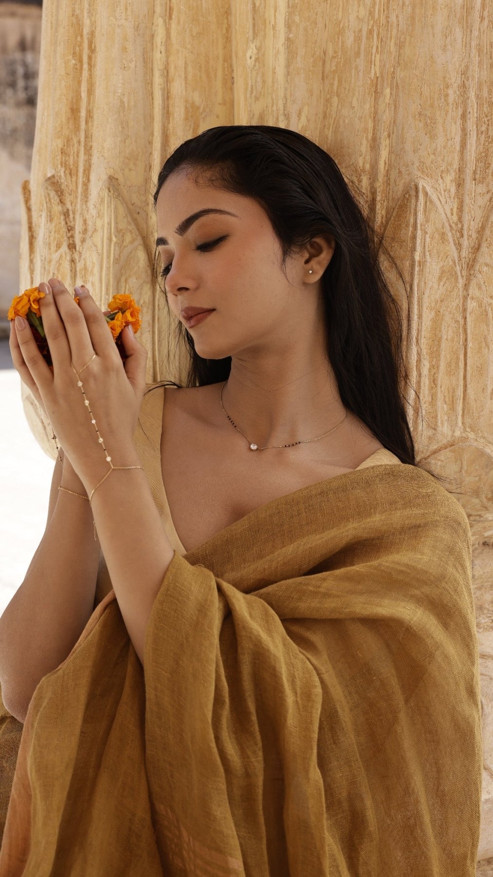 Dull Yellow Parijat Linen Saree - Eternity by Sakshi