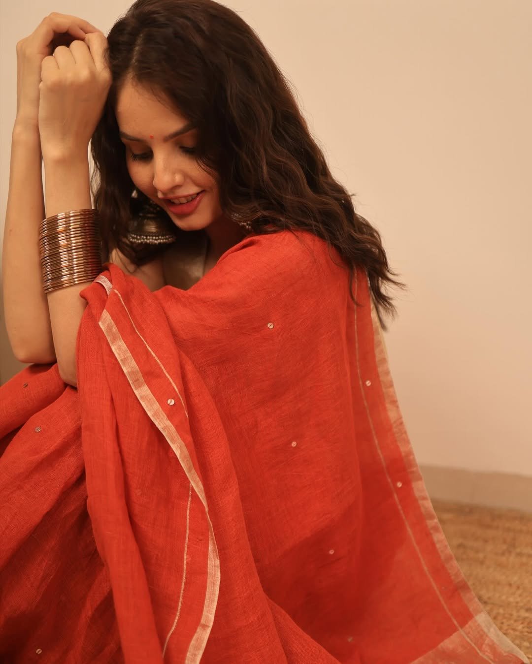 Rust Orange Raina Linen Saree - Eternity by Sakshi