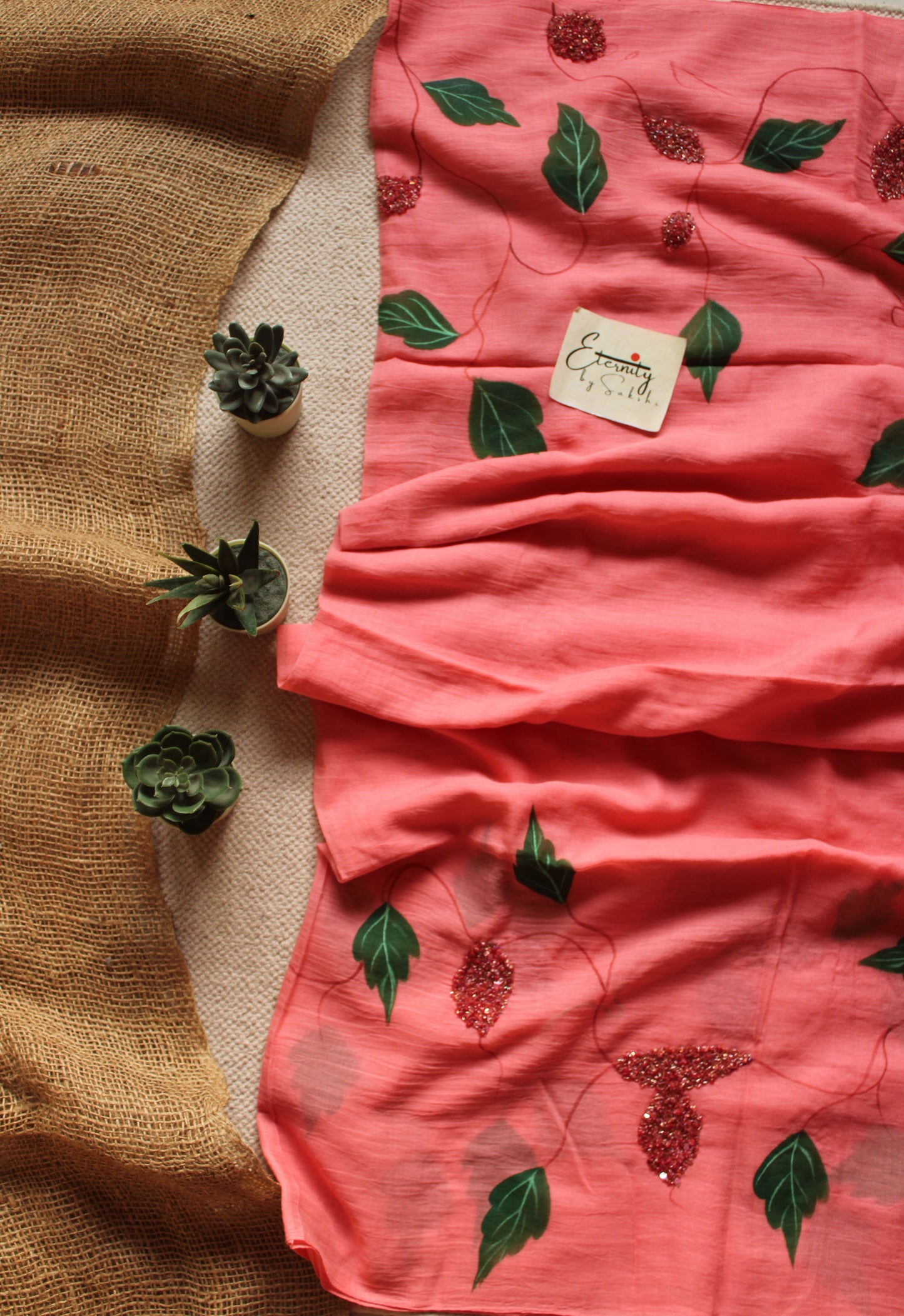 Peach Crystal Handwork Saree | Handpaint Mul Cotton