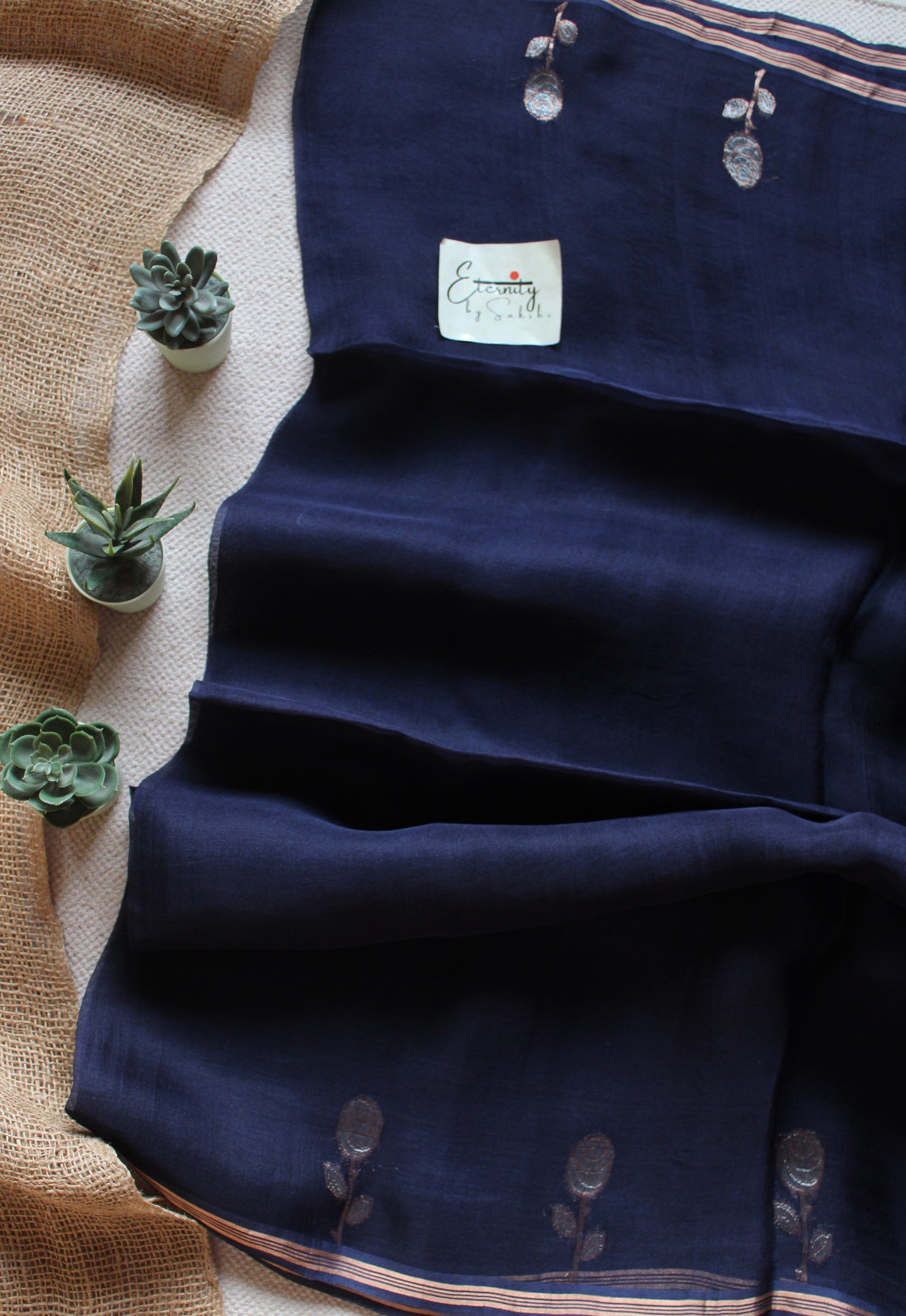 Navy Blue Floral Muslin Silk Saree