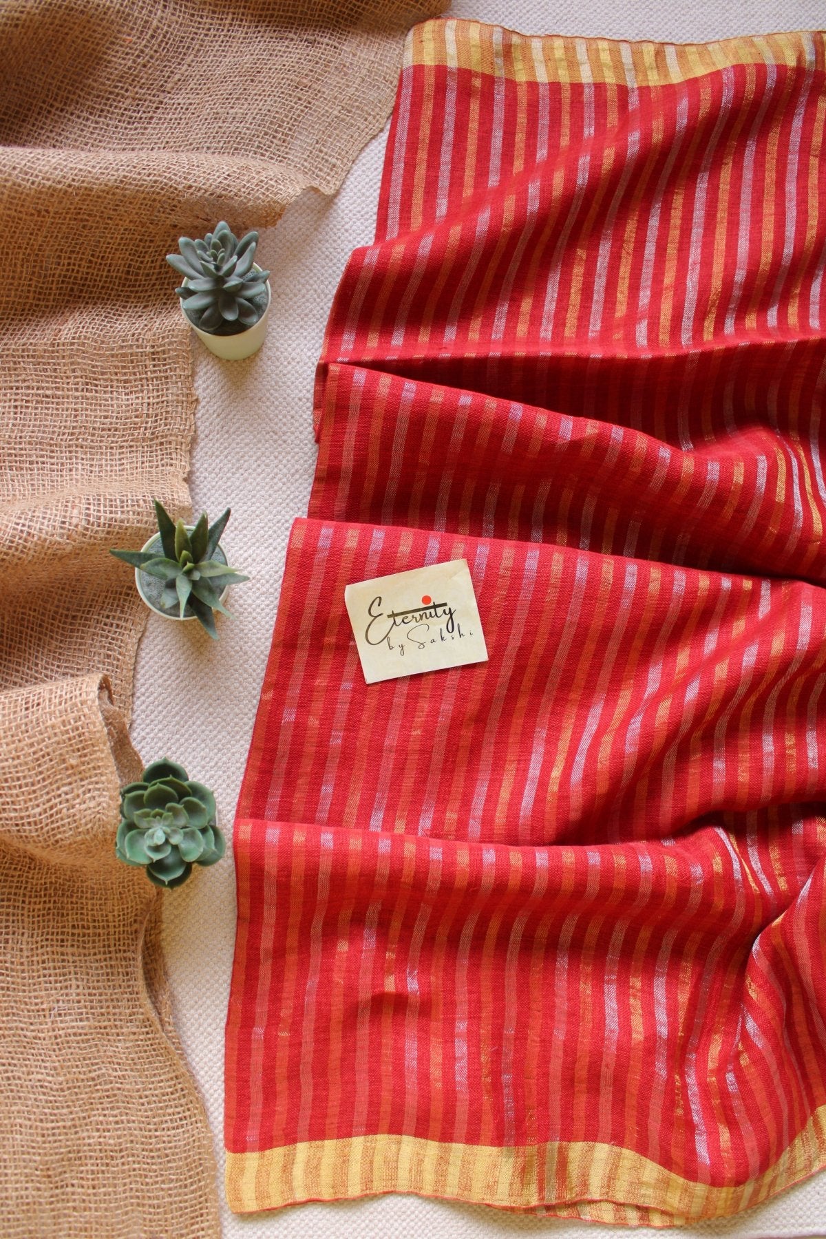 Cherry Stripes Linen Saree - Eternity by Sakshi