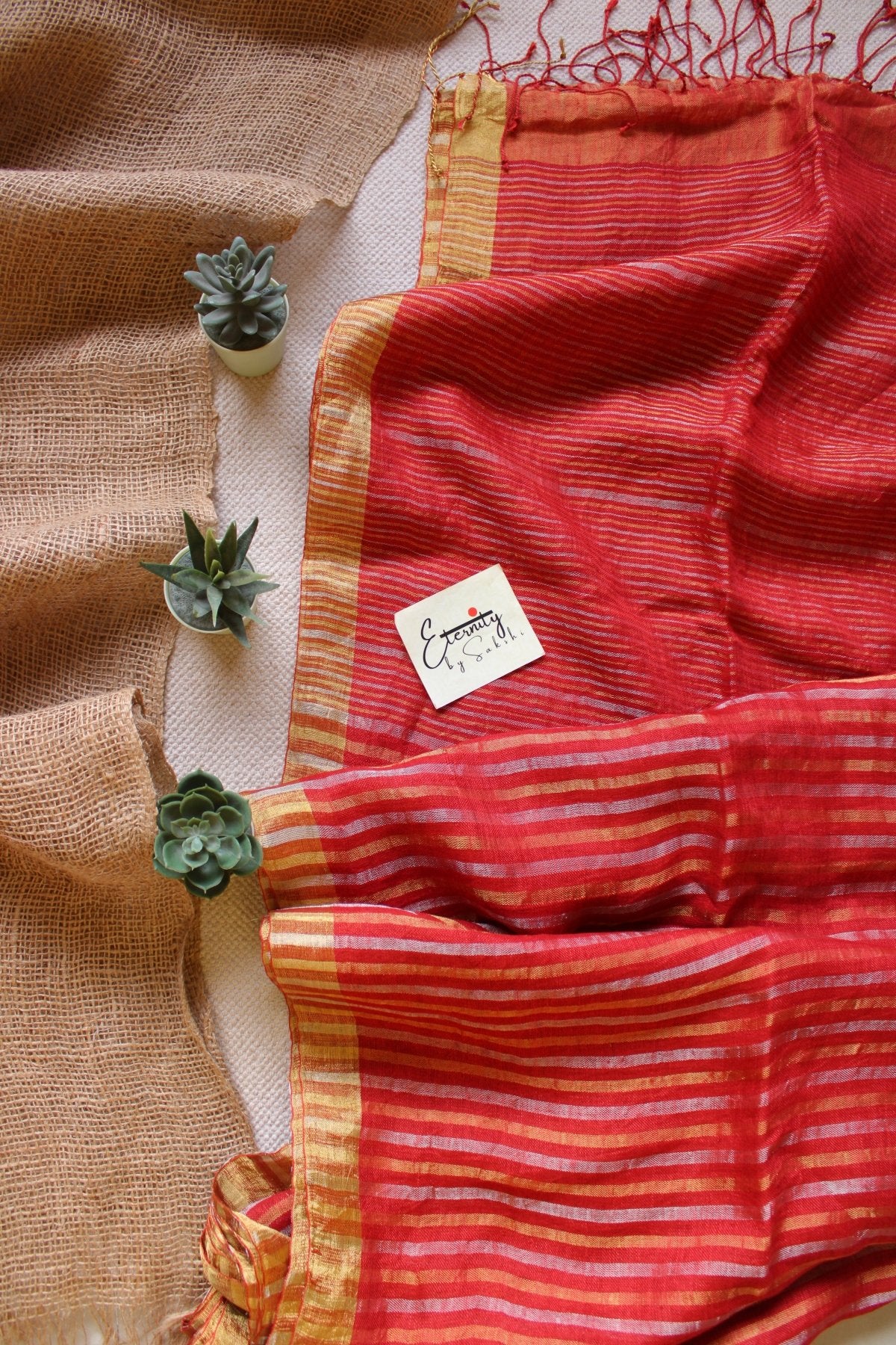 Cherry Stripes Linen Saree - Eternity by Sakshi