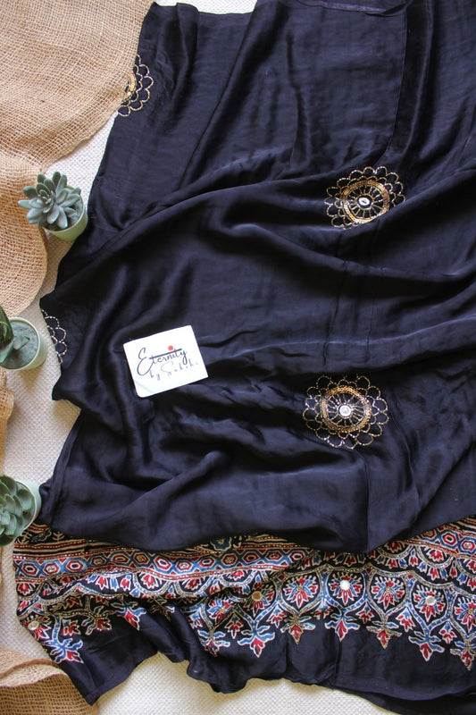 Zariya Blue Ajrakh Modal Silk Saree with Artisan Handwork - Eternity by Sakshi