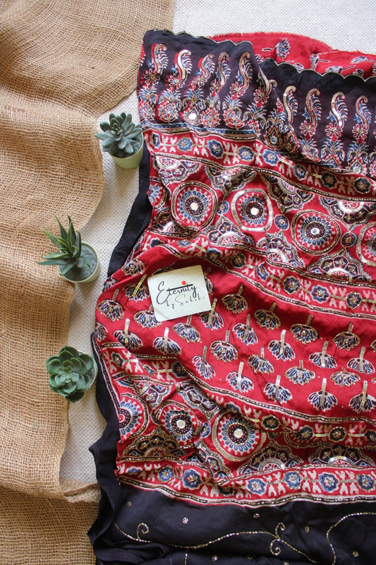 Laal Sitara Ajrakh Modal Silk Saree with Artisan Handwork - Eternity by Sakshi