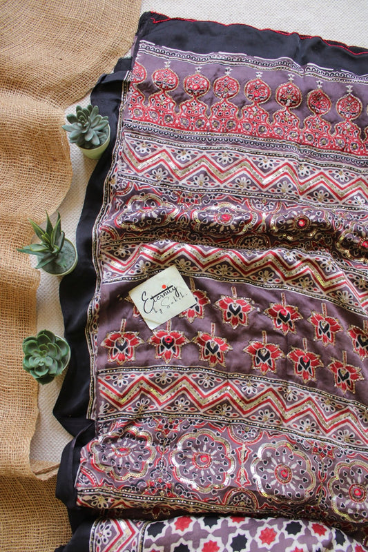 Shahi Mehroon Ajrakh Modal Silk Saree with Artisan Handwork - Eternity by Sakshi