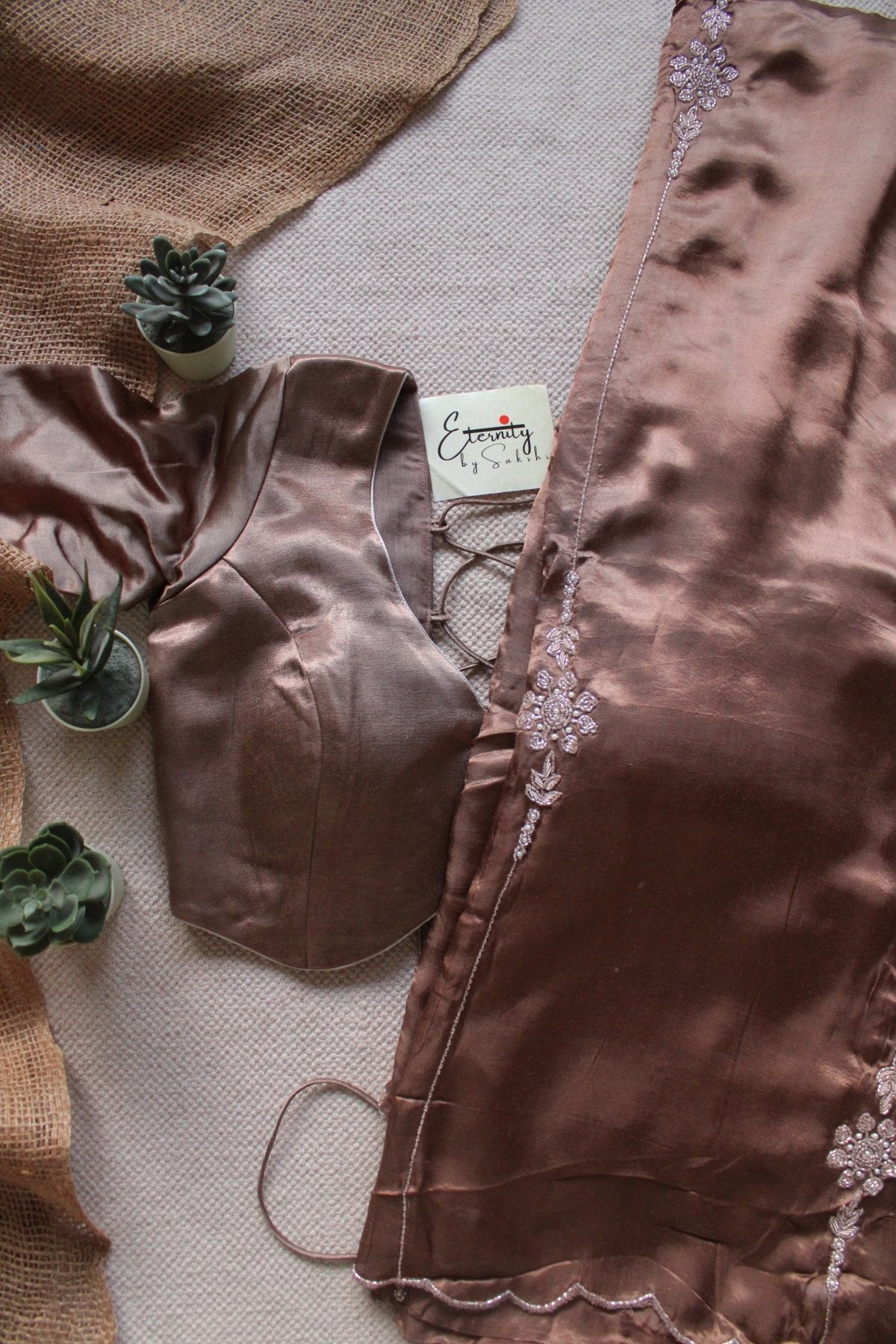 Cappuccino Modal Handwork Saree + Heer Mocha Backless Blouse Combo - Eternity by Sakshi