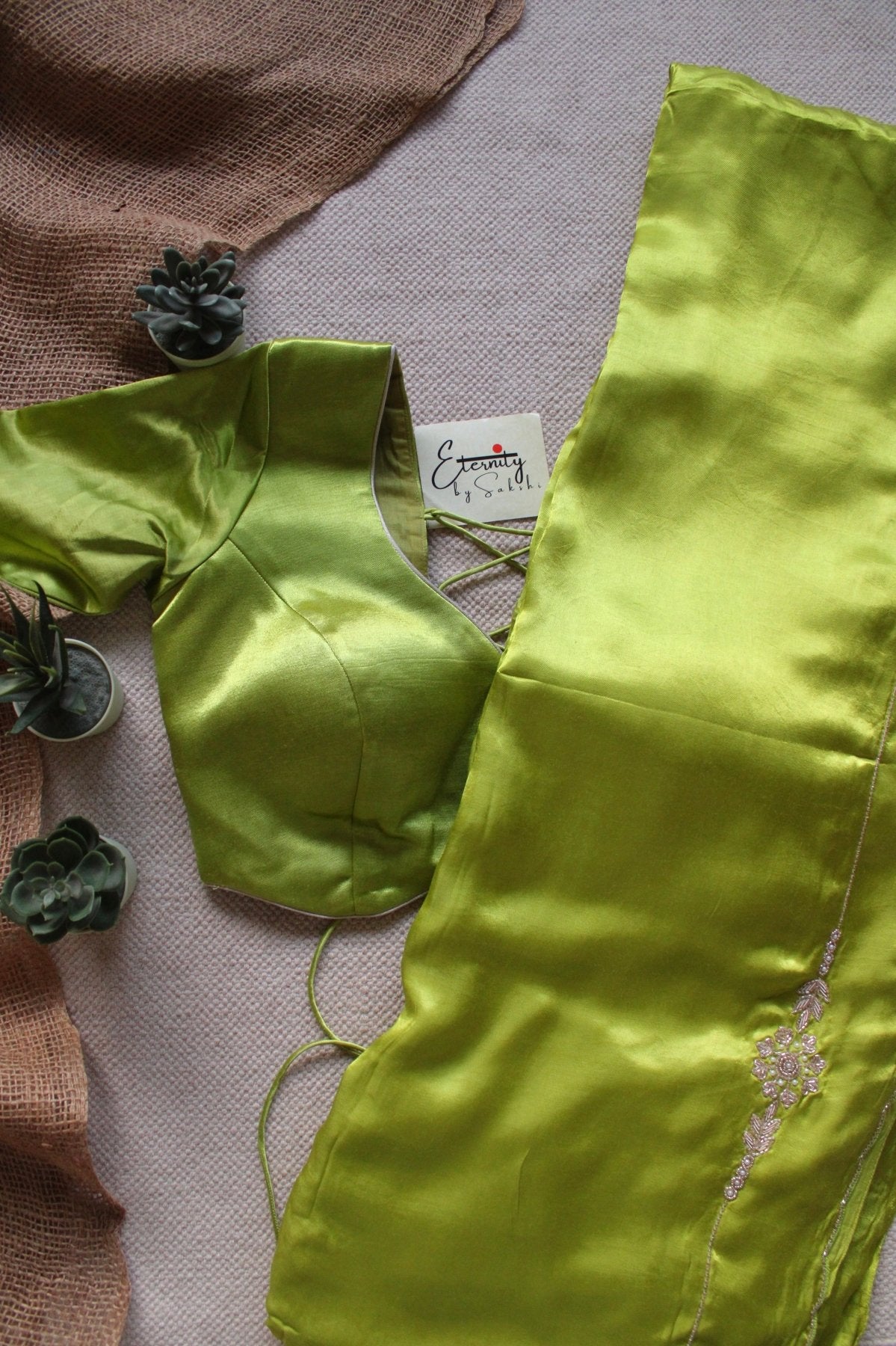 Lime Modal Handwork Saree + Heer Mint Backless Blouse Combo - Eternity by Sakshi