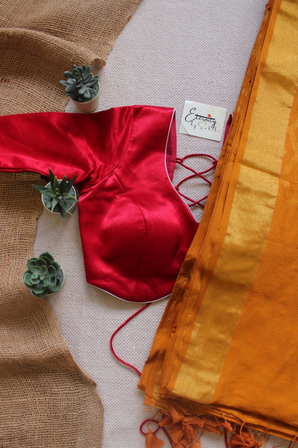 Yellow Embrace Saree + Heer Red Backless Blouse Combo - Eternity by Sakshi