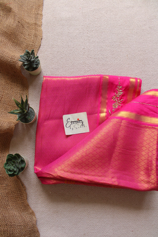 Rani Pink Jacquard Handwork Saree