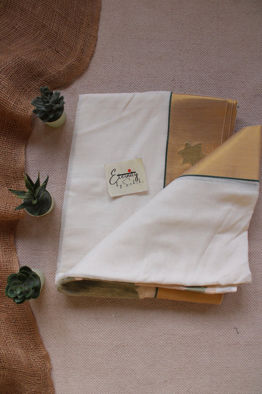 Golden Dusk Cotton Tissue Silk Saree + Green Leafy Double Zip Mood With Sleeves Stretchable Blouse Combo - Eternity by Sakshi