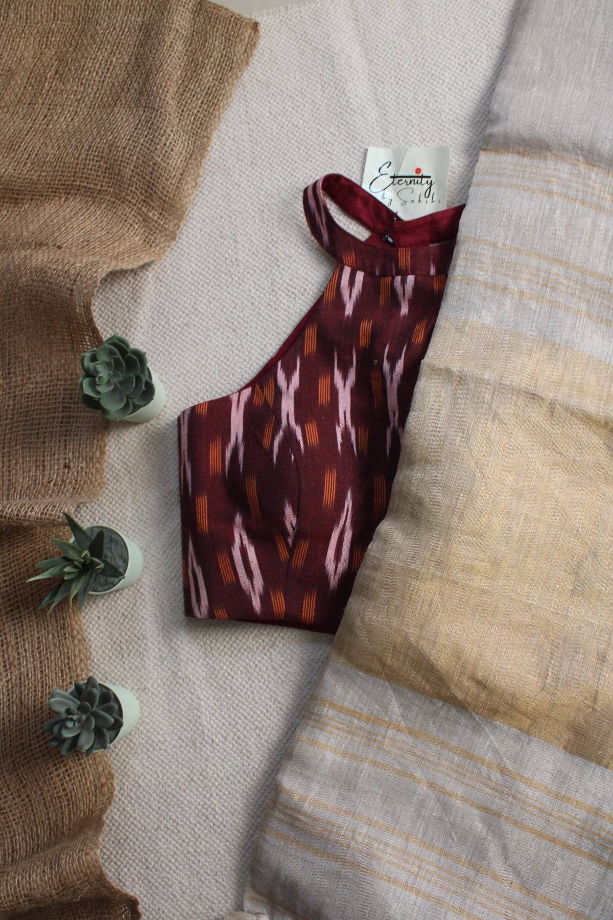 Gold Metallic Linen Saree + Maroon Halter Blouse Combo - Eternity by Sakshi