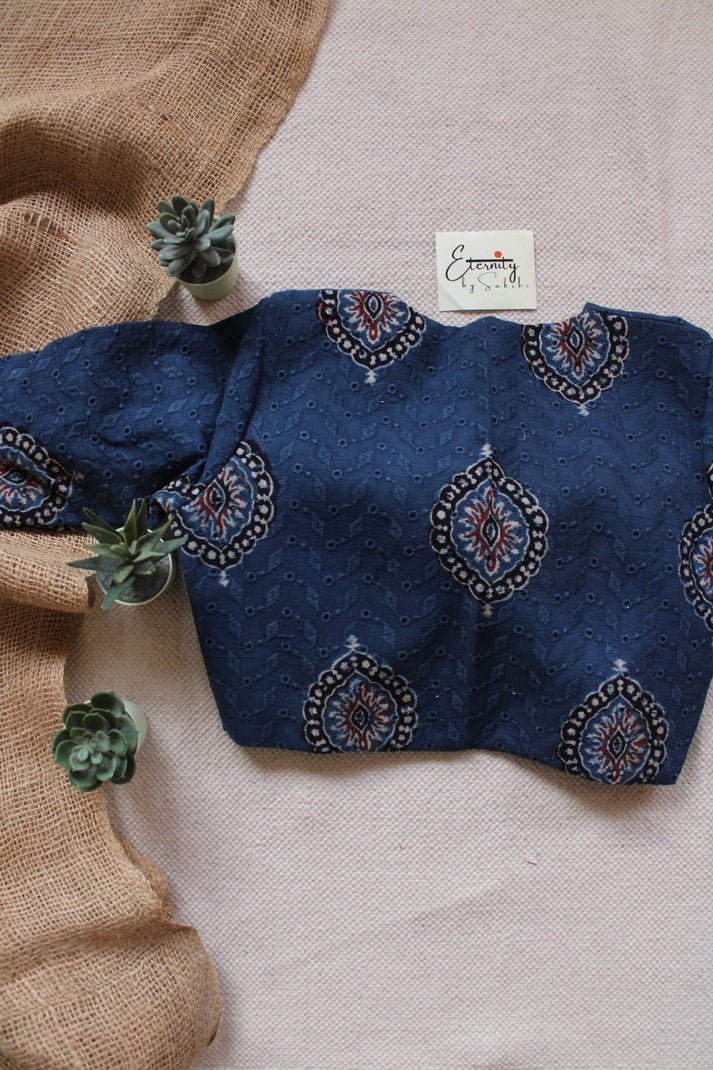 Ivory Indigo Bloom Saree + Ajrakh Hakoba – Blue Grace Blouse Combo - Eternity by Sakshi