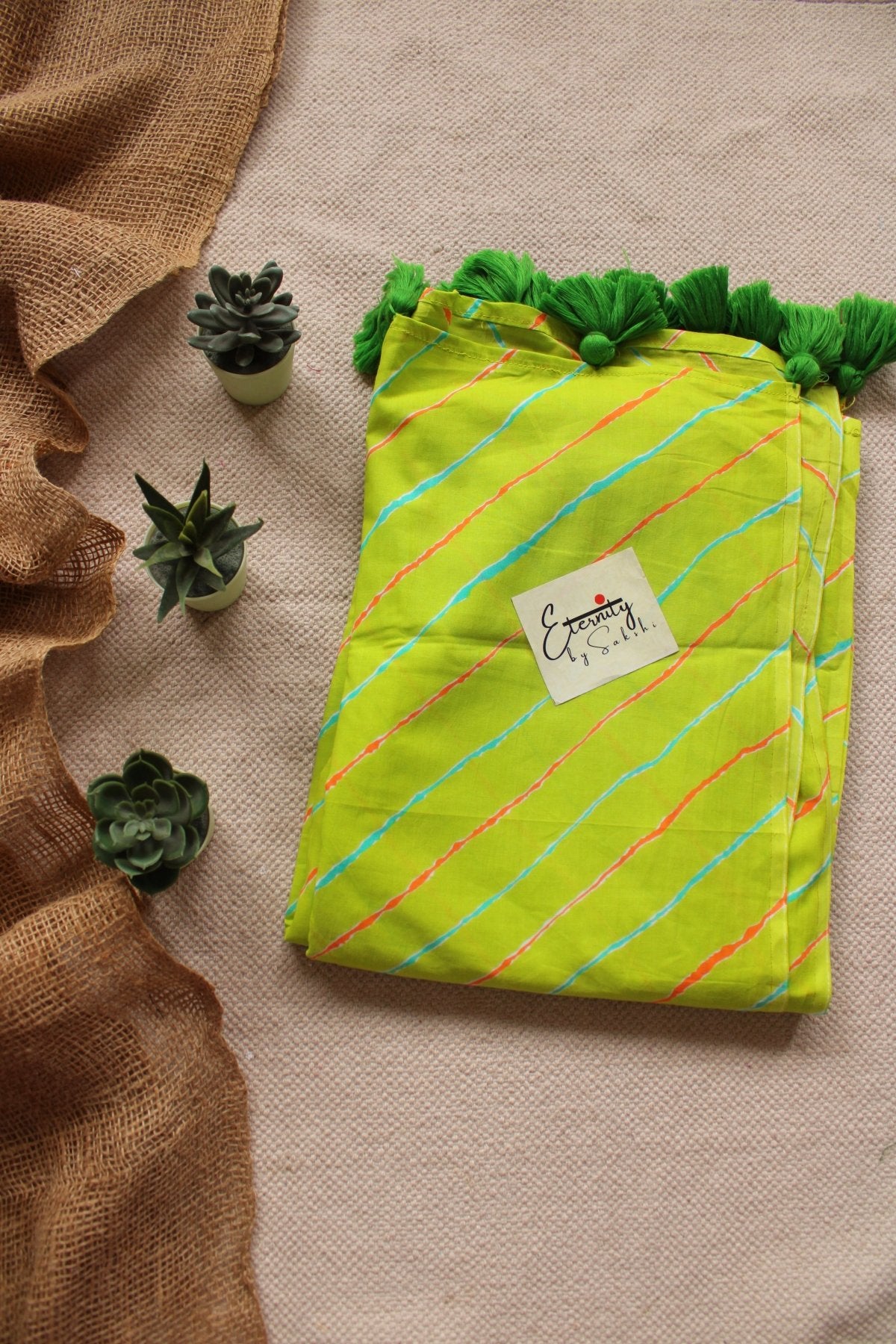 NEON GREEN LEHERIYA SAREE - Eternity by Sakshi
