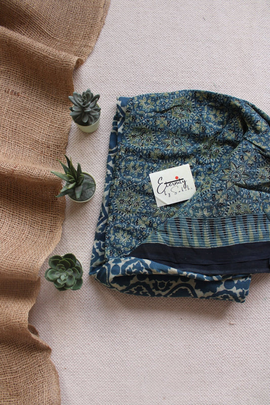 Indigo Aqua Bloom Cotton Saree - Eternity by Sakshi