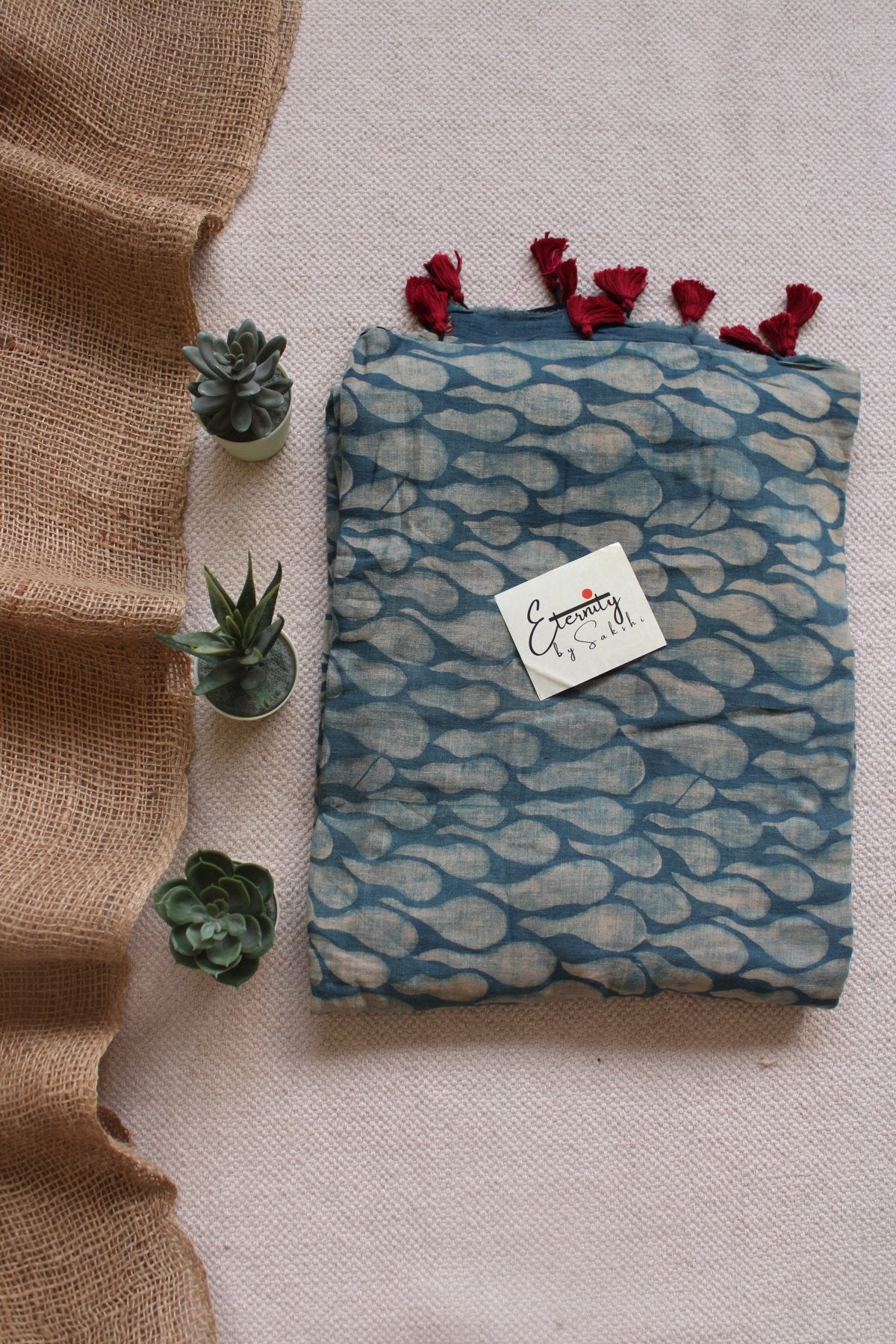 Indigo Crimson Bloom Cotton Saree - Eternity by Sakshi