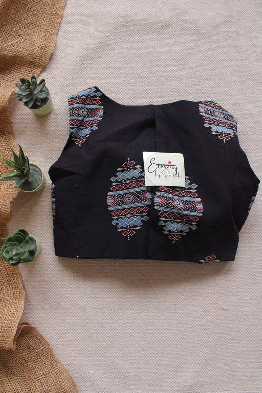 Midnight Black Ajrakh Boatneck Blouse - Eternity by Sakshi