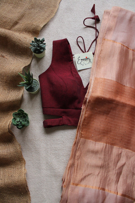 Beige Raga Resham Saree +Maroon Cutout Stretchable Blouse Combo - Eternity by Sakshi