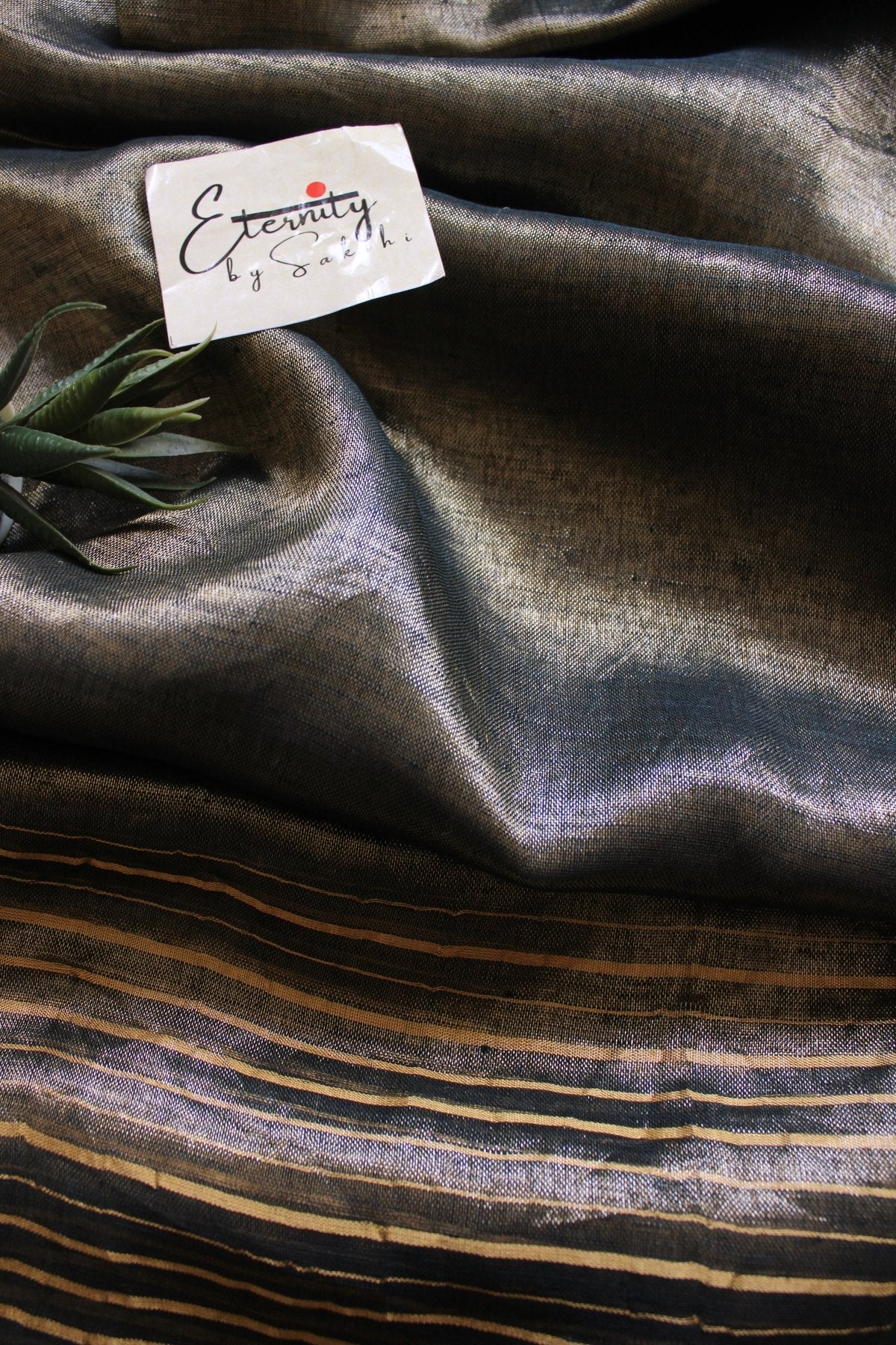 Greenish Black metallic Stripes Linen Saree - Eternity by Sakshi