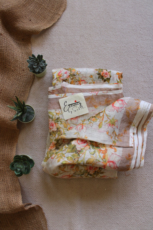 Off White Digital Print Silk Linen Saree - Eternity by Sakshi