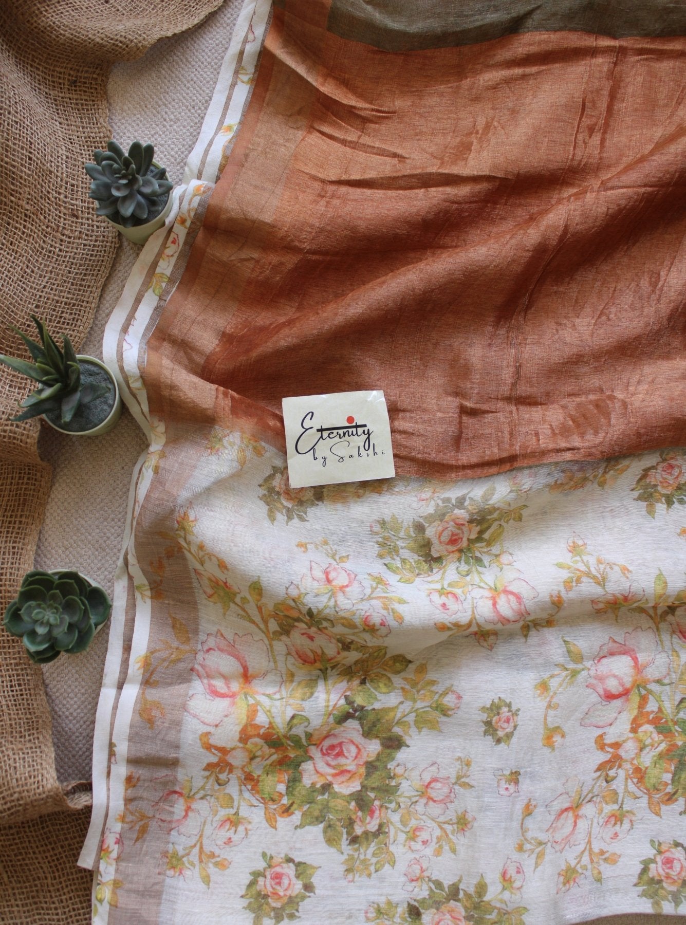 Off White Digital Print Silk Linen Saree - Eternity by Sakshi